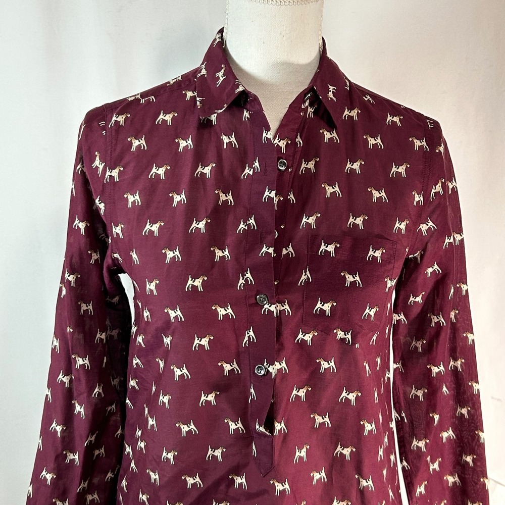 J. Crew Burgundy Dog Print Button Up Shirt Top Women OP Long‎ Sleeve - Picture 4 of 8